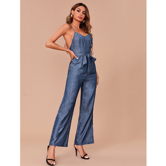 Belted Cami Wide Leg Blue Jumpsuit - Picture 4 of 7
